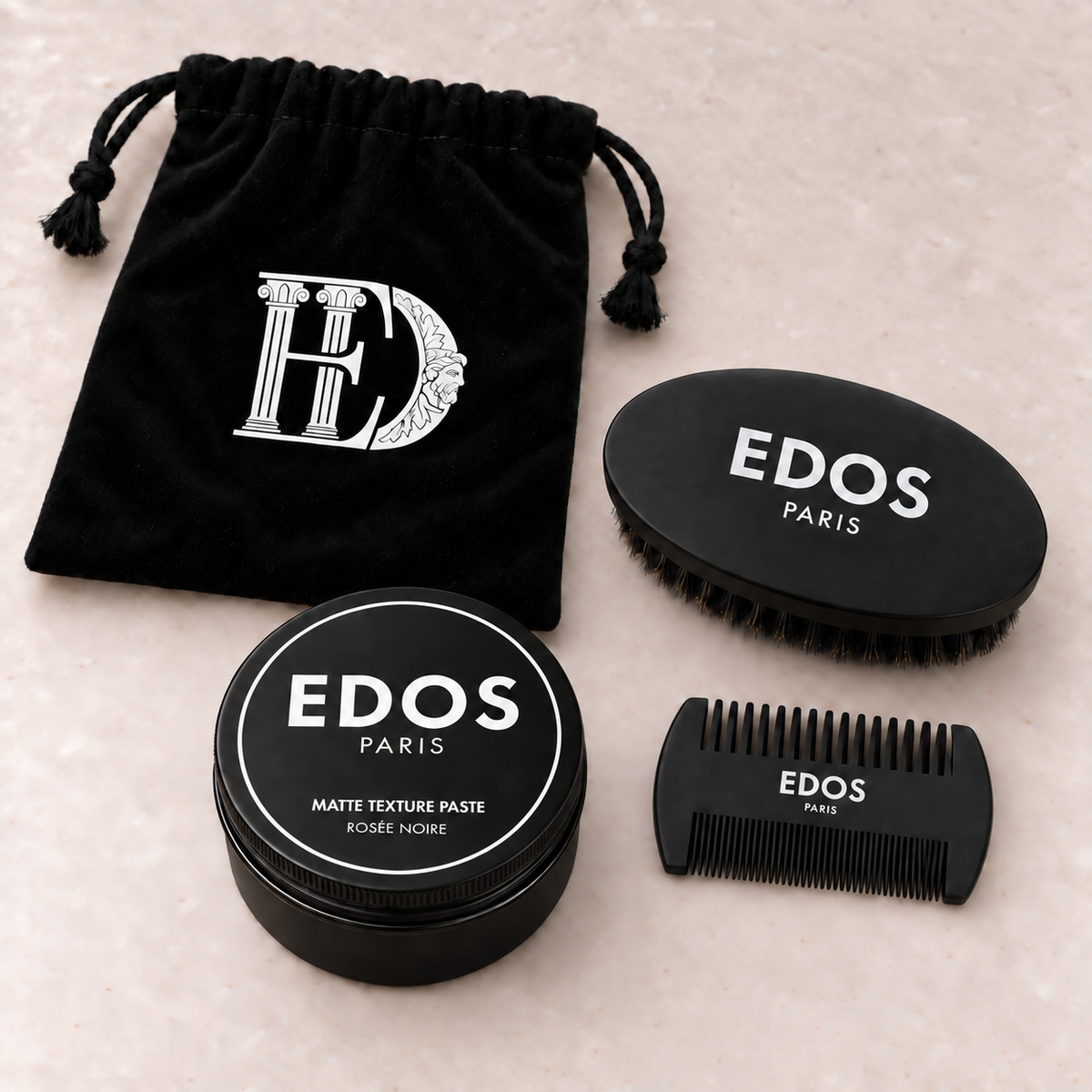 Le Duo Tête & Barbe EDOS Paris : Matte Texture Paste, brosse et peigne à barbe en bois, pochon noir