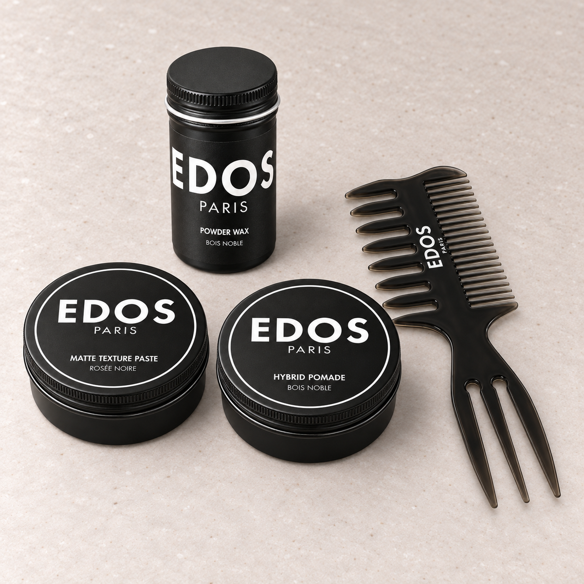 Le Rituel Intégral EDOS Paris : Matte Texture Paste, Hybrid Pomade, Powder Wax et peigne de 21 cm réunis