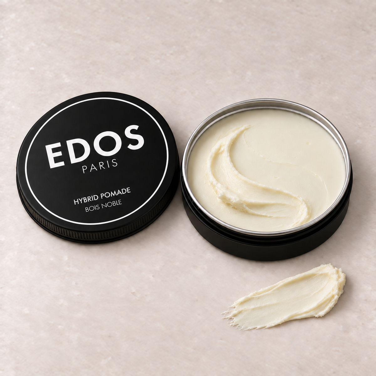 Hybrid Pomade Bois Noble EDOS Paris, pot ouvert et texture ivoire satinée.