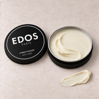 Hybrid Pomade Bois Noble EDOS Paris, pot ouvert et texture ivoire satinée.