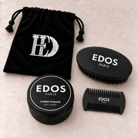 Coffret Cheveux & barbe Hybrid EDOS Paris : Hybrid Pomade, brosse et peigne à barbe en bois, pochon noir
