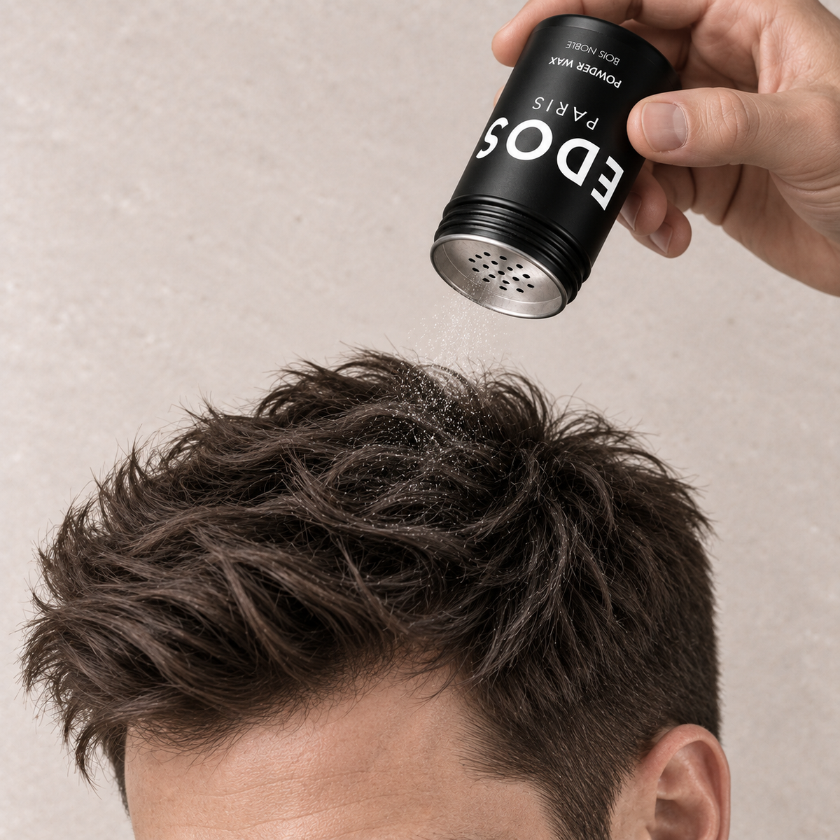 Application de Powder Wax EDOS Paris sur les cheveux, flacon incliné et fine poudre aux racines.